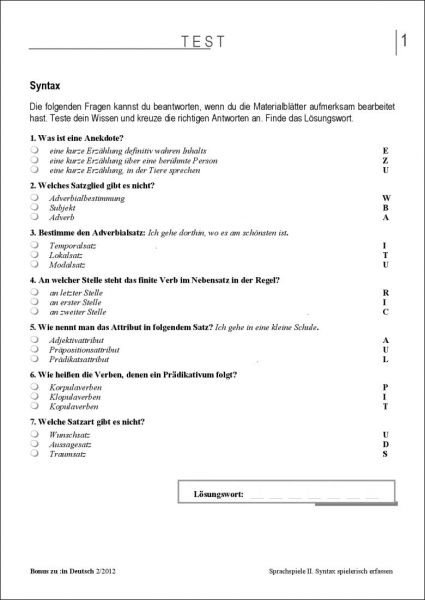 Test und Klassenarbeit: Sprachspiele II (5/6)