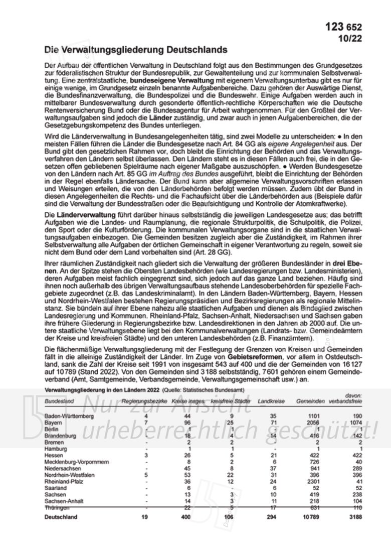 Die Verwaltungsgliederung Deutschlands (Text) Zahlenbilder Politik
