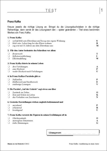 Test und Klassenarbeit: Franz Kafka (Klasse 9/10)