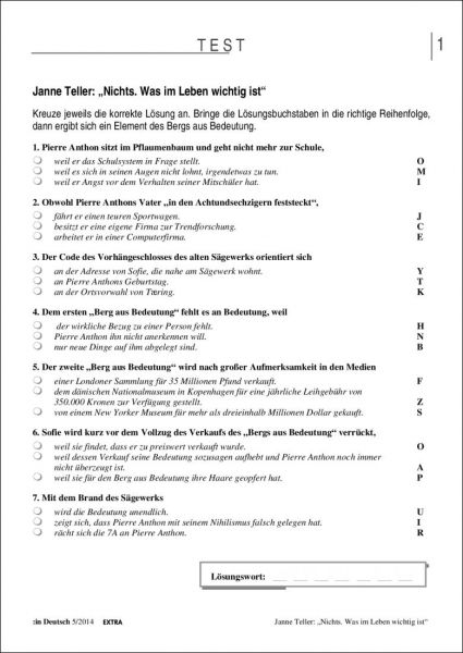 Test und Klassenarbeit - Janne Teller: "Nichts. Was im Leben wichtig ist"
