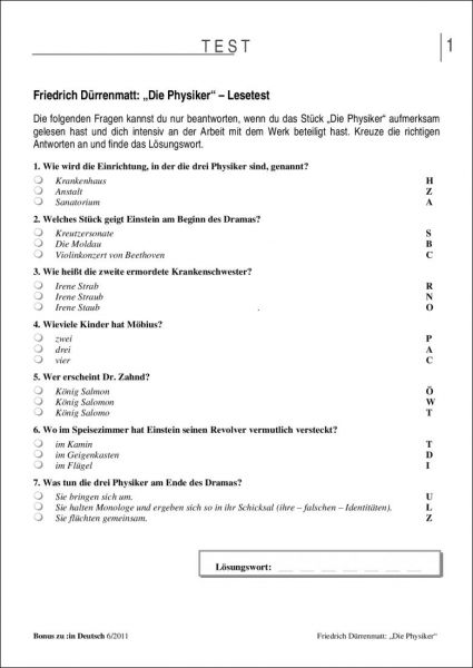 Test und Klassenarbeit: "Die Physiker" (9/10. Klasse)