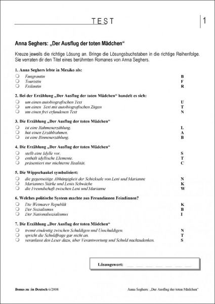 Test und Klassenarbeit: Der Ausflug der toten Mädchen (Klasse 9/10)