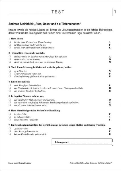 Test Und Klassenarbeit Rico Oskar Und Die Tieferschatten In Deutsch Deutsch Sekundarstufe I Arbeitsblatter Online