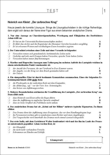 Test und Klassenarbeit: "Der zerbrochne Krug" (9/10. Klasse)